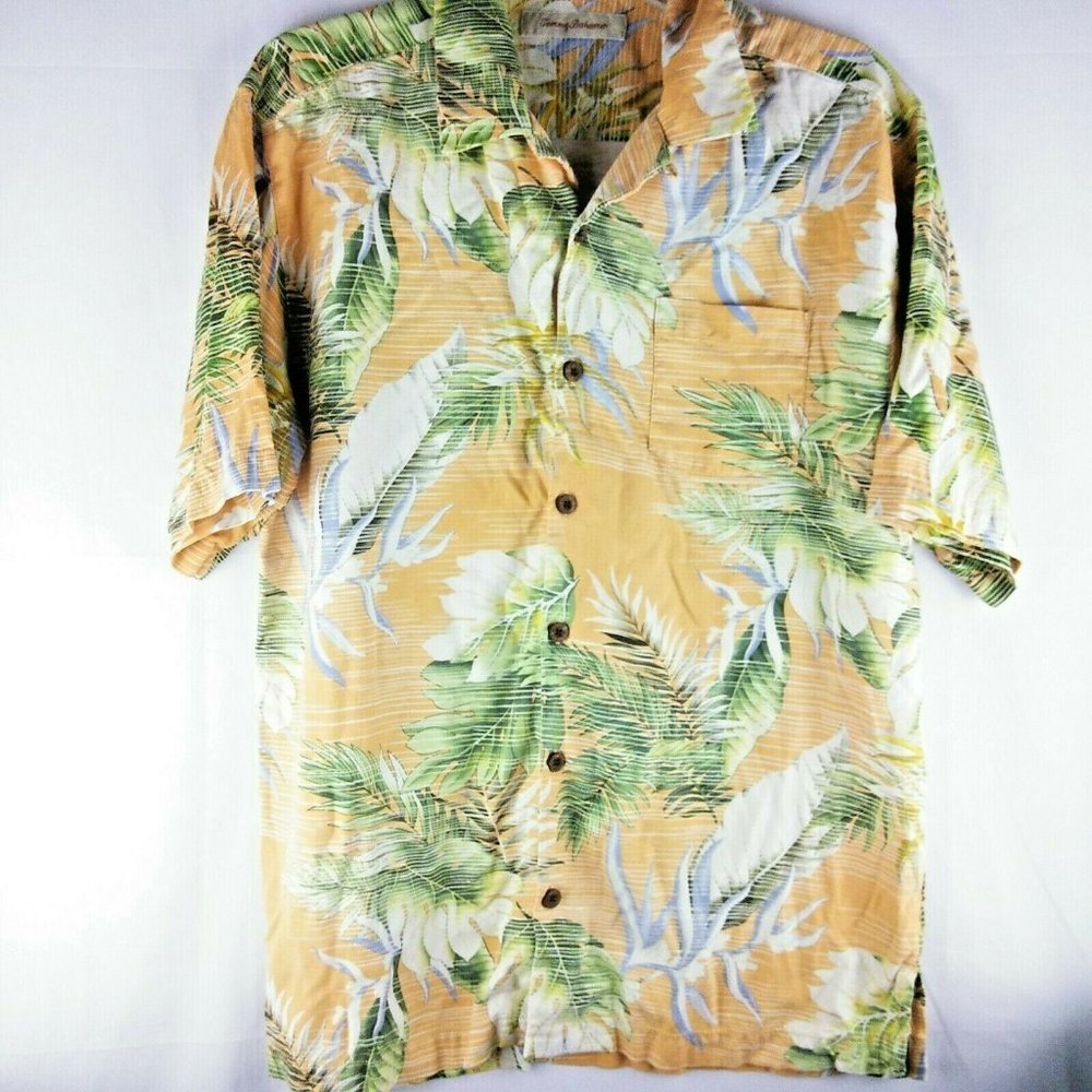Tommy Bahama Island Plants Leaves Hawaiian Men's Medium Peach